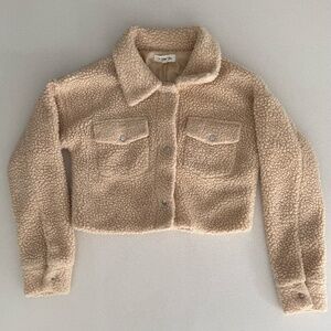 Cropped Beige/Brown Teddy Jacket Button Closure